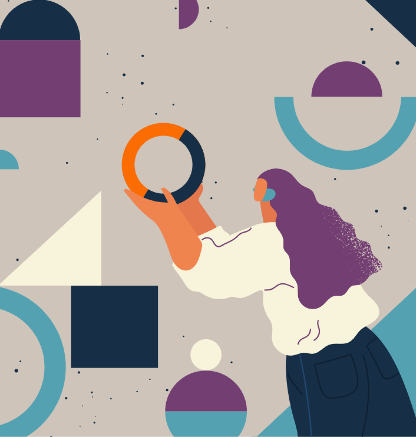 Illustration of woman holding circle Zaga logo with purple, blue and white shapes on gray background.